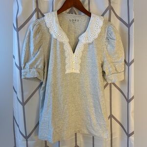 LOFT Heather Gray Blouse with White Lace Detail